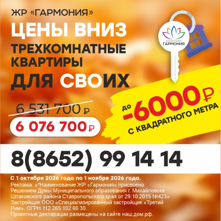«ЦЕНЫ ВНИЗ ТРЕХКОМНАТНЫЕ КВАРТИРЫ ДЛЯ СВОИХ МИНУС до 6 000 тыс. руб. с квадратного метра!»